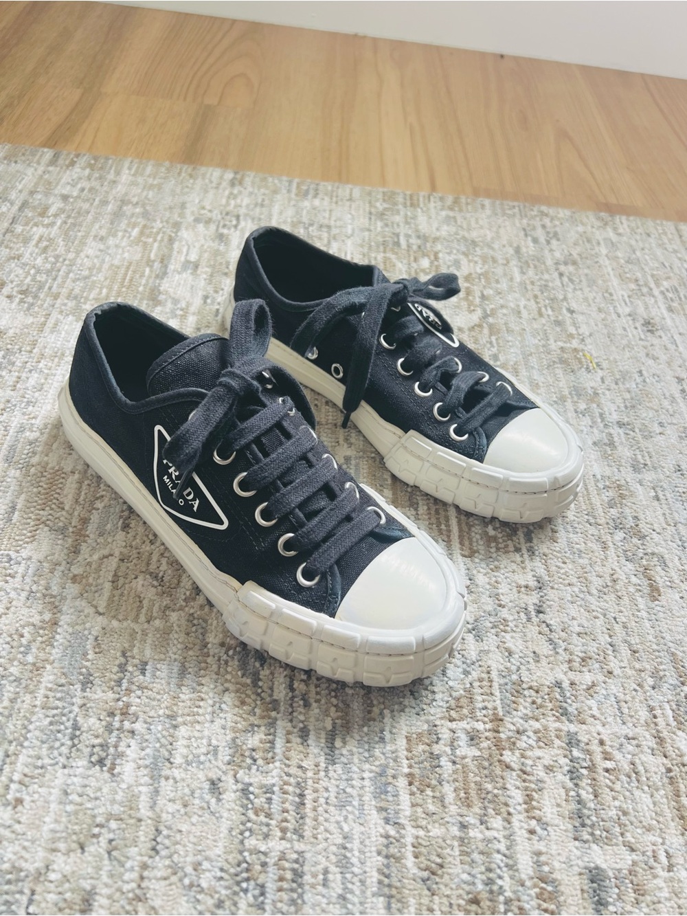 Prada Black Canvas Low-Top Sneakers with White Rubber Toe